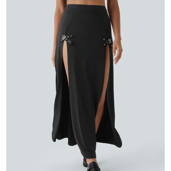 HALARA Dresses & Skirts - HALARA Black Maxi Skirt with Double Front Slits and buckle Accents